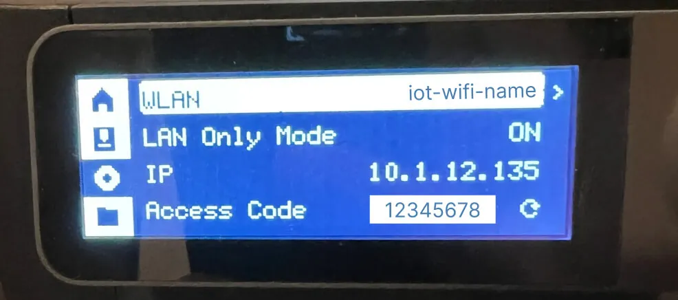 Bambu Lab P1S network screen showing LAN-only mode, its local IP address, and the LAN access-code field.