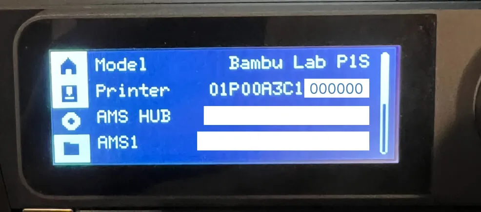 Bambu Lab P1S device-information screen showing the printer and AMS identification fields.