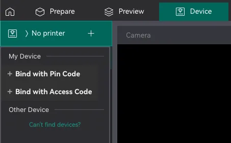 OrcaSlicer's Device tab showing no automatically discovered printers.
