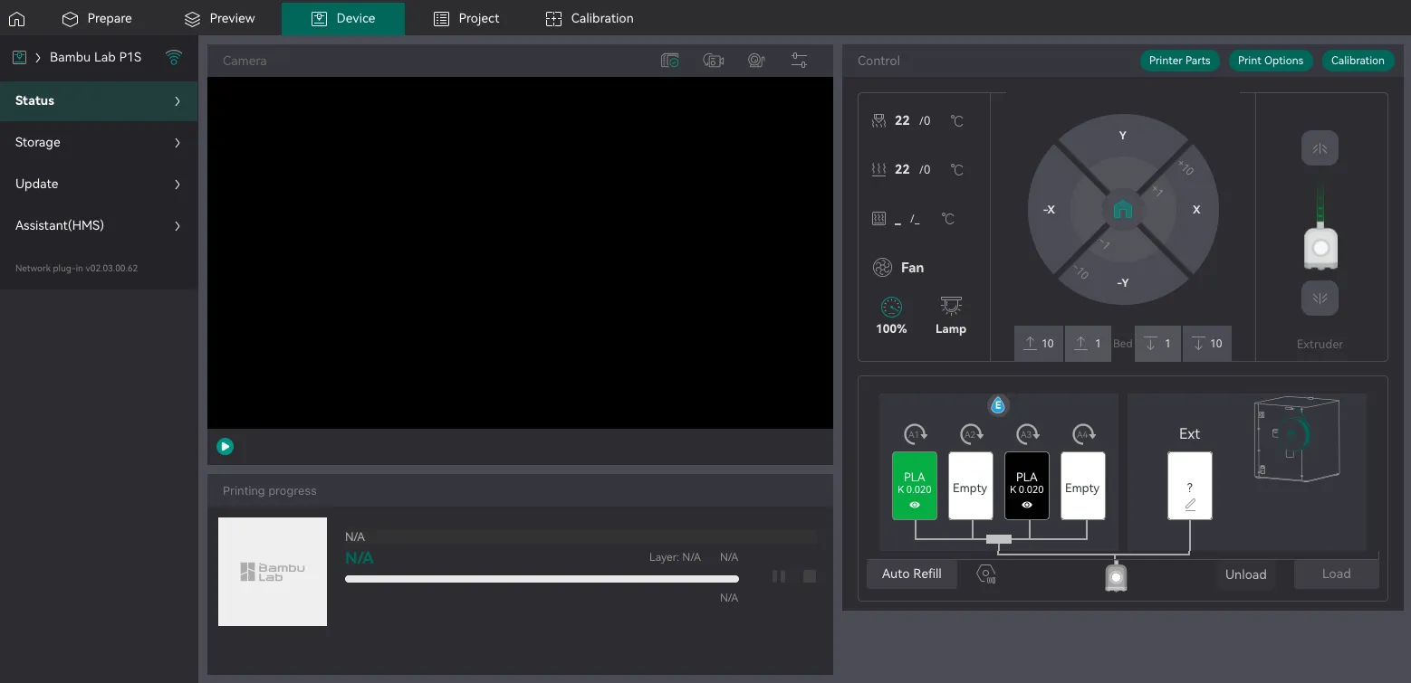 OrcaSlicer showing the connected P1S, including printer controls, temperatures, camera area, and AMS status.