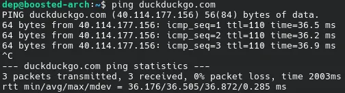 Terminal on the trusted network showing successful replies from the same duckduckgo.com address.