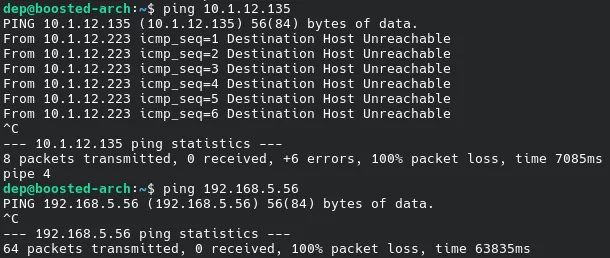 Terminal on the IoT network showing failed pings to the printer and to a host on the trusted network.